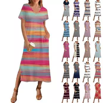 Женское летнее платье с полосатым принтом, пляжное платье с коротким рукавом и карманом, повседневное платье с V-образным вырезом и боковыми разрезами S синий