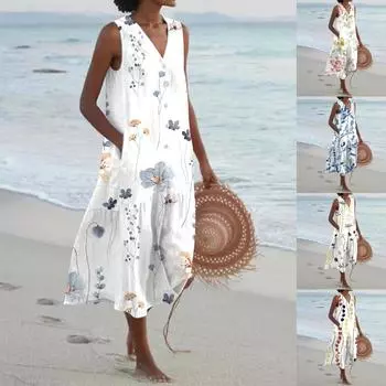 Женское летнее платье с принтом без рукавов и V-образным вырезом на пуговицах, повседневное короткое платье с карманами L бежевый