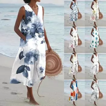 Женское летнее платье с принтом без рукавов и V-образным вырезом на пуговицах, повседневное короткое платье с карманами S белый