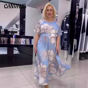 Женское летнее платье с принтом, длинное S светло-синий