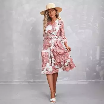 Женское летнее платье с принтом и рукавами три четверти S зелёный