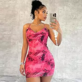 Женское летнее платье с принтом на шее и сумкой на бедрах с открытой спиной, сексуальное облегающее платье для женщин S красный