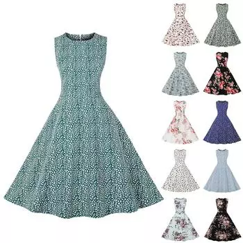 Женское летнее платье с принтом, платье в стиле ретро без рукавов с круглым вырезом, платье средней длины M бежевый