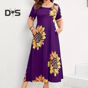 Женское летнее платье с принтом подсолнухов, А-силуэт, свободный подол, короткие рукава, пуловер с высокой талией, мягкое дышащее платье макси длиной до щиколотки S чёрный