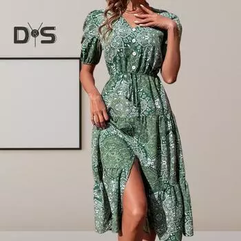 Женское летнее платье с принтом, V-образным вырезом и короткими рукавами, лоскутное трапециевидное платье со свободным подолом, плиссированное платье на шнуровке с высокой талией и пуговицами, разделенное подолом, пляжное платье миди для отпуска M зелёный