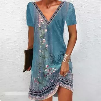 Женское летнее платье с принтом, V-образным вырезом и короткими рукавами, удобные повседневные платья S зелёный