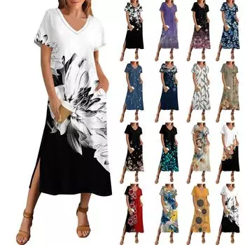 Женское летнее платье с принтом в горошек, пляжное платье с коротким рукавом и карманом, повседневное платье с V-образным вырезом и боковыми разрезами XXL