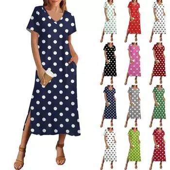 Женское летнее платье с принтом в горошек, пляжное платье с коротким рукавом и карманом, повседневное платье с V-образным вырезом и боковыми разрезами M