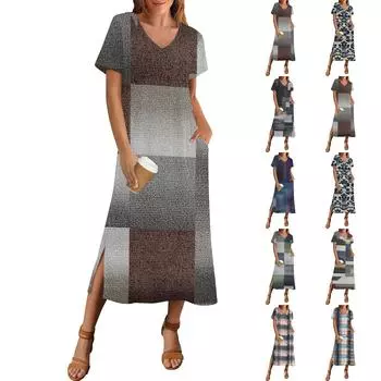 Женское летнее платье с принтом в стиле ретро, пляжное платье с коротким рукавом и карманами, повседневное платье с V-образным вырезом и разрезом сбоку L