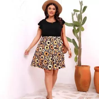 Женское летнее платье с принтом в виде маленькой ромашки, безрукавное платье-жилет в стиле пэчворк 0XL чёрный