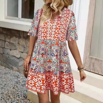 Женское летнее платье с принтом в стиле бохо и V-образным вырезом S синий