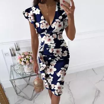 Женское летнее платье с принтом, вечернее платье миди с v-образным вырезом и рукавами-бабочками S синий