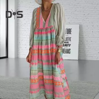 Женское летнее платье с пуловером, богемное модное платье с рукавами-фонариками, женское платье макси XL розовый