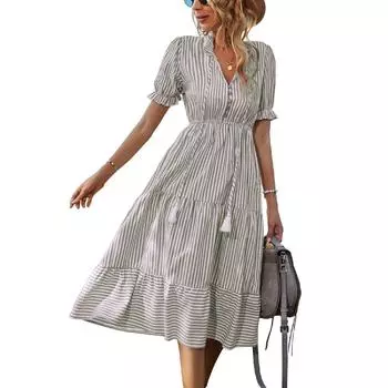 Женское летнее платье с пышными рукавами и рюшами, повседневные свободные платья миди в полоску с короткими рукавами и v-образным вырезом и высокой талией S розовый