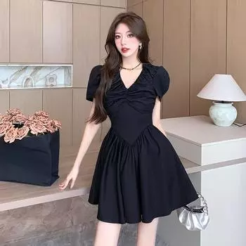 Женское летнее платье с пышными рукавами, черные весенние белые вечерние платья в корейском стиле S белый