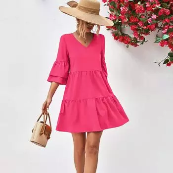 Женское летнее платье с расклешенными рукавами и V-образным вырезом, однотонное свободное праздничное цельное платье S темно-синий