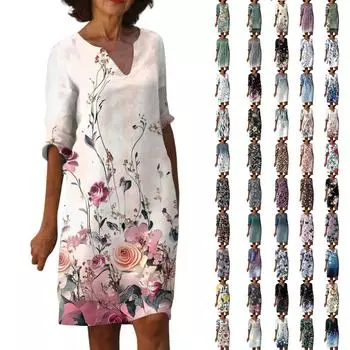Женское летнее платье с ретро-цветочным принтом, V-образным вырезом и короткими рукавами, легкое дышащее платье S