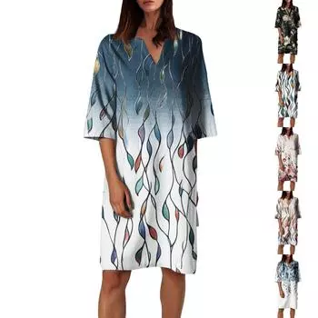 Женское летнее платье с ретро-цветочным принтом, V-образным вырезом и короткими рукавами, легкое дышащее платье M