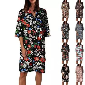 Женское летнее платье с ретро-цветочным принтом, V-образным вырезом и короткими рукавами, легкое дышащее платье L