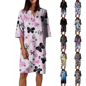 Женское летнее платье с ретро-цветочным принтом, V-образным вырезом и короткими рукавами, легкое дышащее платье XL