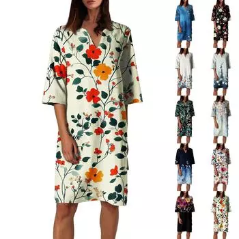 Женское летнее платье с ретро-цветочным принтом, V-образным вырезом и короткими рукавами, легкое дышащее платье XXL чёрный