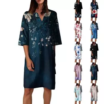 Женское летнее платье с ретро-цветочным принтом, V-образным вырезом и короткими рукавами, легкое дышащее платье L винный