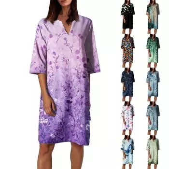 Женское летнее платье с ретро-цветочным принтом, V-образным вырезом и короткими рукавами, легкое дышащее платье XXL бежевый