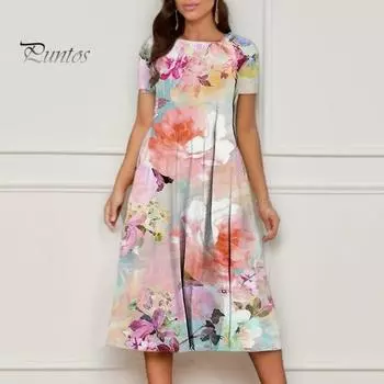 Женское летнее платье с роскошным цветочным принтом трапециевидной формы с круглым вырезом и короткими рукавами, мягкие большие качели, дышащие карманы, большие размеры, длина до середины икры, женское платье миди 4XL белый