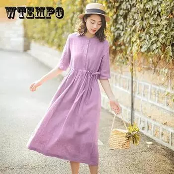 Женское летнее платье с рукавами 1/2 длиной до середины икры большого размера, свободное повседневное однотонное платье M-XXXL M фиолетовый