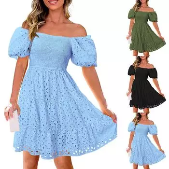 Женское летнее платье с рукавами-фонариками, открытыми плечами, повседневные короткие платья А-силуэта M