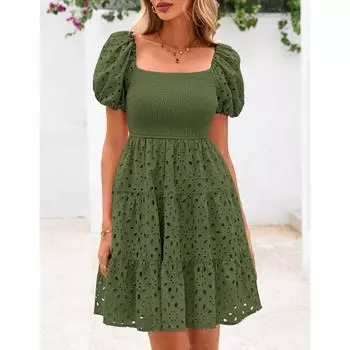 Женское летнее платье с рукавами-фонариками, открытыми плечами, повседневные короткие платья А-силуэта S армия зеленый