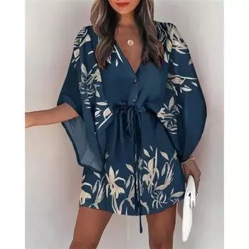 Женское летнее платье с рукавами «летучая мышь» и V-образным вырезом, повседневным праздничным принтом, короткое L