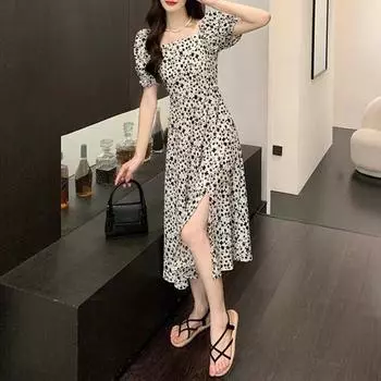 Женское летнее платье с рукавами-пузырьками и квадратным вырезом до середины икры, свободный подол, боковой разрез, контрастный цвет, цветочный принт, высокая талия, платье миди для свиданий L белый