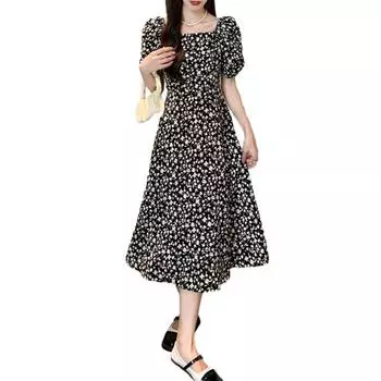 Женское летнее платье с рукавами-пузырьками и квадратным вырезом до середины икры, свободный подол, боковой разрез, контрастный цвет, цветочный принт, высокая талия, платье миди для свиданий S чёрный