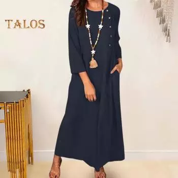 Женское летнее платье с рукавами три четверти и круглым вырезом, свободные пуговицы, свободный подол, боковые карманы, мягкие дышащие ретро, повседневная длина до щиколотки, поездки на работу M хаки