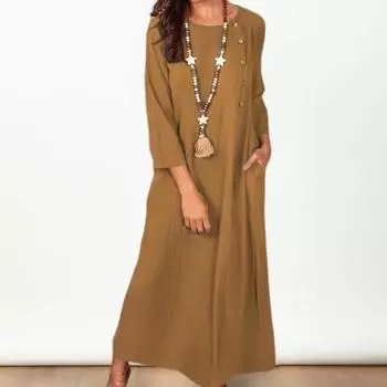 Женское летнее платье с рукавами три четверти и круглым вырезом со свободными пуговицами трапециевидной формы со свободным подолом и боковыми карманами Мягкое дышащее ретро повседневное платье макси до щиколотки