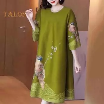 Женское летнее платье с рукавами три четверти в стиле ретро, свободное платье с принтом попугая, ледяной шелк, пуловер длиной до колена, вечерние офисные платья миди M небесно-голубой