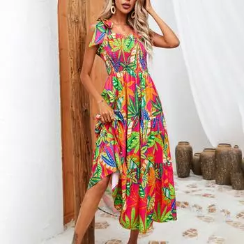 Женское летнее платье с рукавами в этническом стиле и высокой талией на шнуровке S зелёный