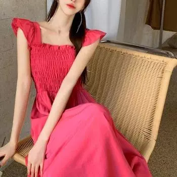 Женское летнее платье с рюшами, эластичным бюстом, летящими рукавами, однотонное, с квадратным вырезом, плиссированное, трапециевидное, со свободным подолом, с высокой талией, длиной до середины икры, платье миди S зелёный