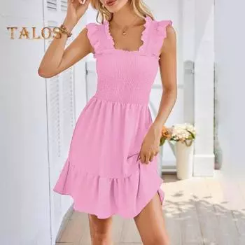 Женское летнее платье с рюшами, эластичным бюстом, квадратным вырезом, без рукавов, с открытой спиной, в стиле пэчворк, плиссированное, трапециевидной формы, подол, сплошной цвет, длиной выше колена, для вечеринок, пляжных свиданий S темно-синий