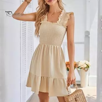 Женское летнее платье с рюшами, эластичным бюстом, квадратным вырезом, без рукавов, с открытой спиной, в стиле пэчворк, плиссированное, трапециевидной формы, подол, сплошной цвет, длиной выше колена, для вечеринок, пляжных свиданий S темно-синий