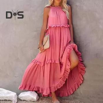 Женское летнее платье с рюшами и бретелькой на шее, без рукавов, свободное однотонное плиссированное платье с открытыми плечами в стиле пэчворк, пляжное платье макси для отдыха M зелёный