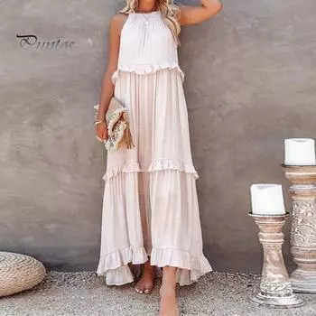 Женское летнее платье с рюшами и бретелькой на шее, без рукавов, свободное однотонное плиссированное платье с открытыми плечами в стиле пэчворк, пляжное платье макси для отдыха M зелёный