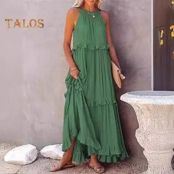 Женское летнее платье с рюшами и бретелькой на шее, без рукавов, свободное однотонное плиссированное платье с открытыми плечами в стиле пэчворк, пляжное платье макси для отдыха M зелёный