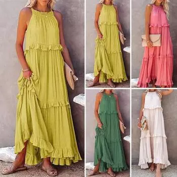 Женское летнее платье с рюшами и бретелькой на шее без рукавов Свободное однотонное плиссированное платье с открытыми плечами в стиле пэчворк для отдыха Макси-платье XL жёлтый