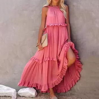 Женское летнее платье с рюшами и бретелькой на шее, без рукавов, свободное однотонное плиссированное платье с открытыми плечами в стиле пэчворк, пляжное платье макси для отдыха M абрикосовый