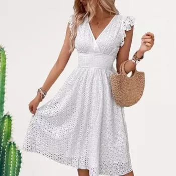 Женское летнее платье с рюшами по краям без рукавов с эластичной узкой талией Чистый цвет с вырезом А-силуэта с большими качелями с V-образным вырезом длиной до колена для свиданий Покупки Платье миди S белый