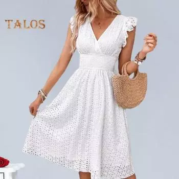 Женское летнее платье с рюшами по краям без рукавов с эластичной узкой талией Чистый цвет с вырезом А-силуэта с большими качелями с V-образным вырезом длиной до колена для свиданий Покупки Платье миди S белый