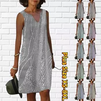 Женское летнее платье с серебряным блестящим принтом и v-образным вырезом, повседневное модное платье без рукавов, повседневные свободные сексуальные платья размера плюс XS-8XL XS чёрный