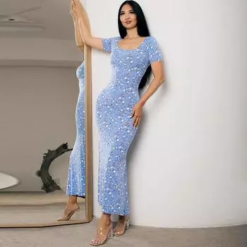 Женское летнее платье с талией и круглым вырезом, облегающее бедра S синий